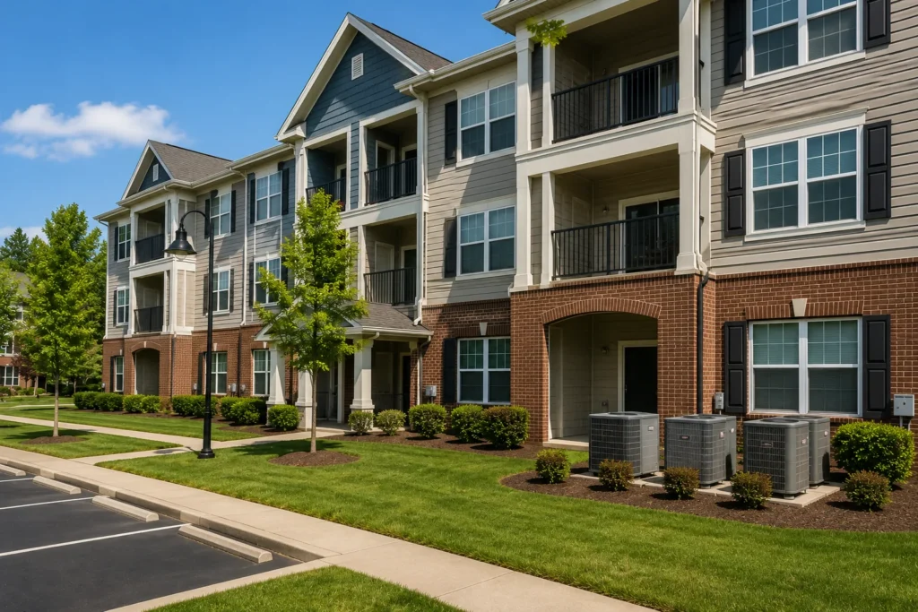 Modern apartment community with outdoor HVAC equipment serving managed residences.