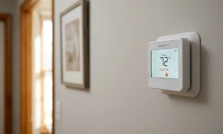 Wall-mounted thermostat displaying 72 degrees and “Heat On” in a residential hallway.