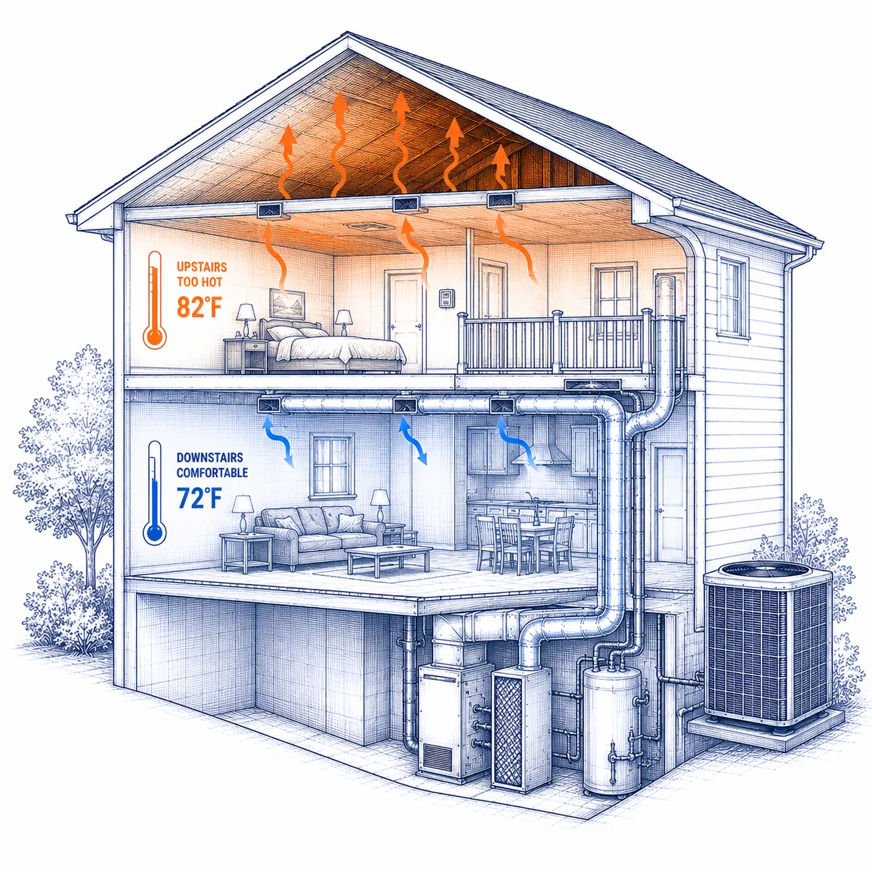 Blueprint-style educational diagram showing an upstairs floor staying hotter than downstairs while the HVAC system runs, explaining why upper floors can remain warmer because of heat gain and airflow balance.
