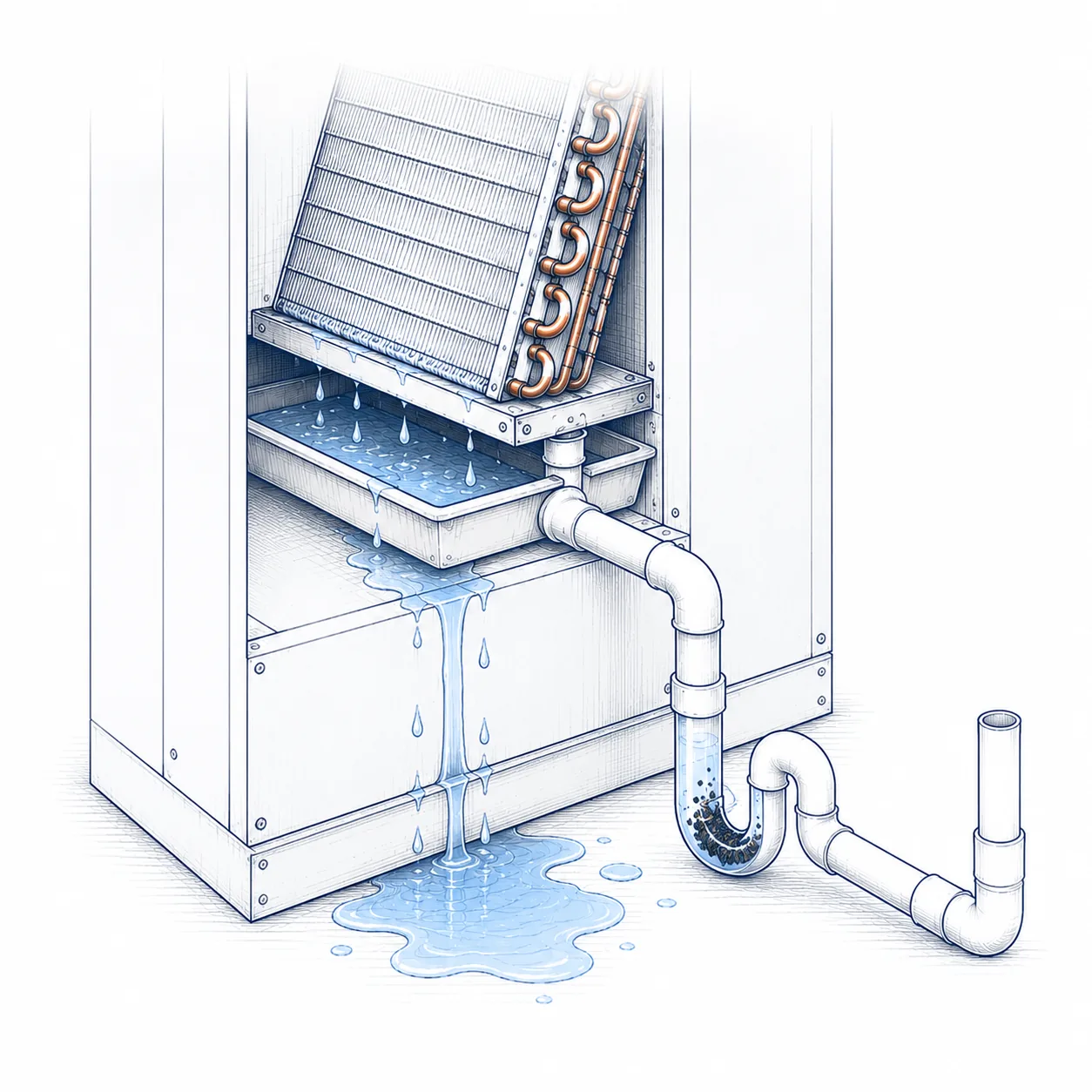 Blueprint-style educational diagram showing water overflowing from an indoor HVAC condensate pan and drain line, explaining why water may appear around a furnace or air handler.