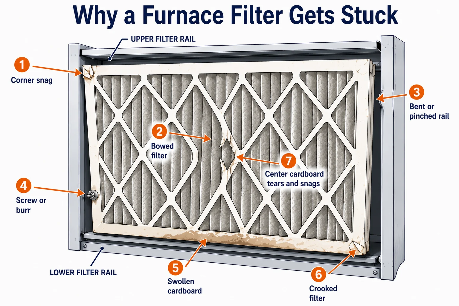 Annotated furnace filter rack showing a corner snag, bowed filter, pinched rail, screw or burr, swollen cardboard, crooked filter, and torn center support.